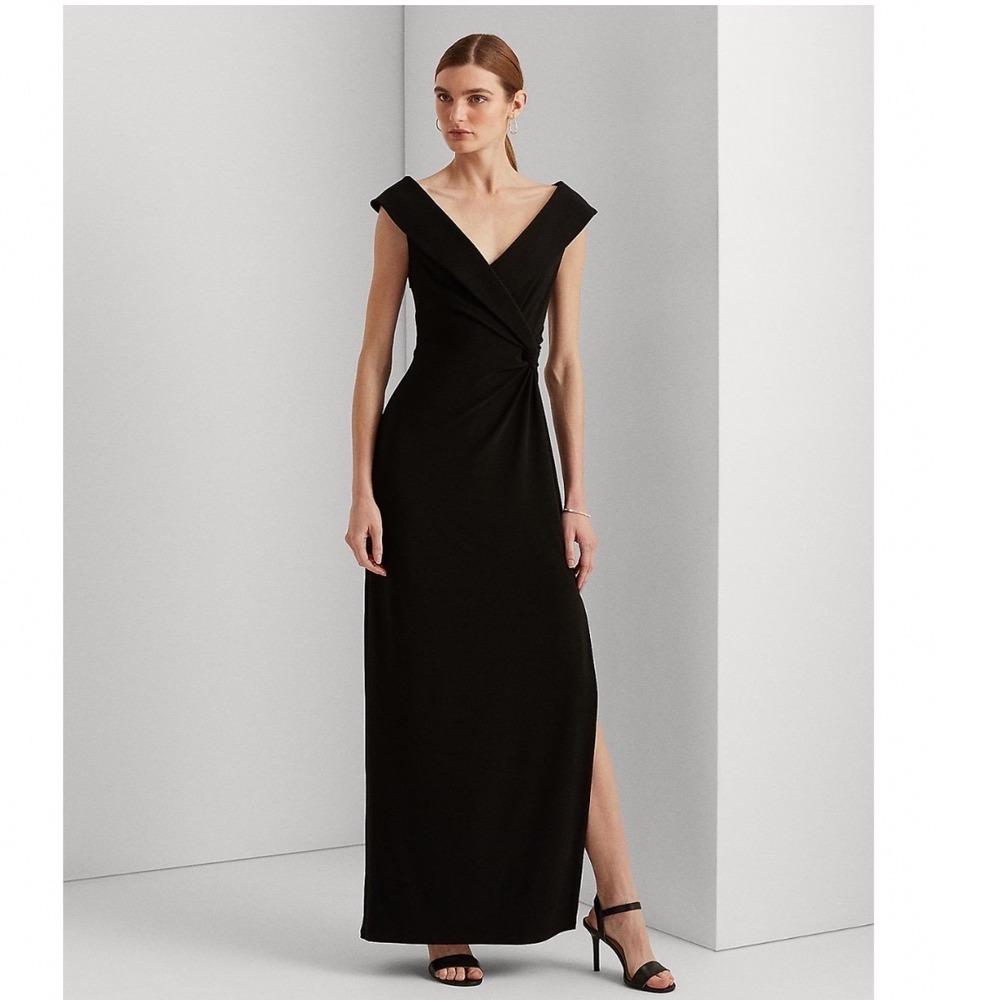 Lauren Ralph Lauren Black V-Neck Column Gown Twist Waist Dress Size 2 NEW